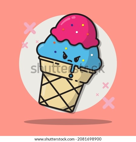 Cute cartoon ice cream with angry face. Kawaii ice cream in a waffle cone. A collection of sweet food emojis.