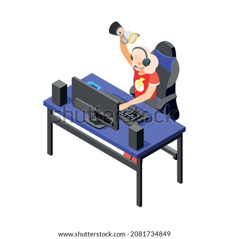 Cybersport isometric composition with character of happy female player at computer table vector illustration