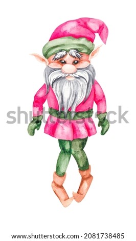 An old elf with a beard made in watercolor In vintage style. Watercolor illustration for decorating New Year and Christmas products.