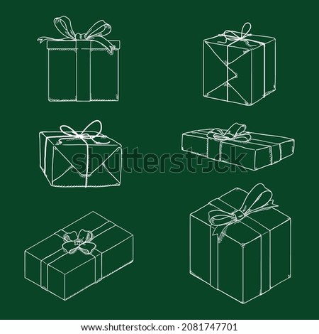 Vector Set of Chalk Sketch Gift Boxes with Ribbons and Bows.