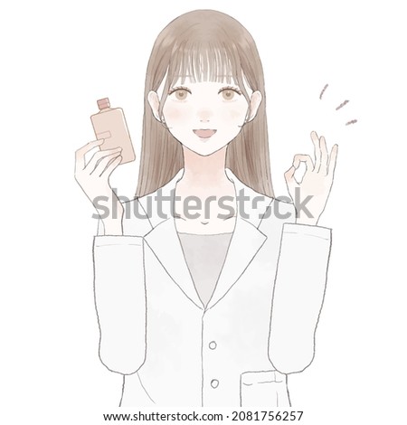 Female doctor holding cosmetics and holding OK sign. On white background.