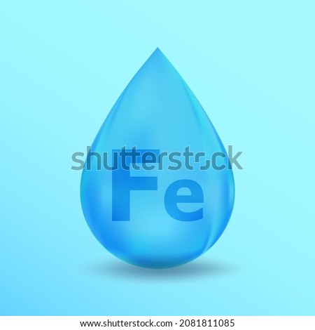 Realistic Mineral drop Fe Iron design. Blue nutrition design for beauty, cosmetic, heath advertising. Fe Iron Mineral design