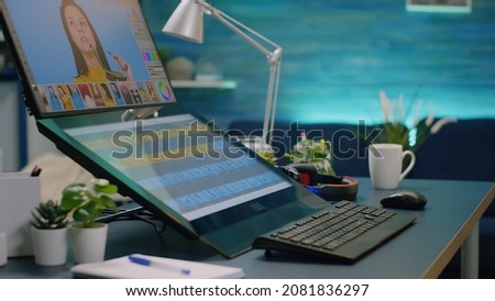Close up of computer with retouching app for pictures in empty photography studio. Nobody in creative workplace for photographer with technology and equipment for editing work.