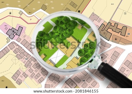 Searching new home - concept with an imaginary General Urban Plan with buildings, roads and magnifying glass - NOTE: the map is totally invented and does not represent any real place Royalty-Free Stock Photo #2081846155