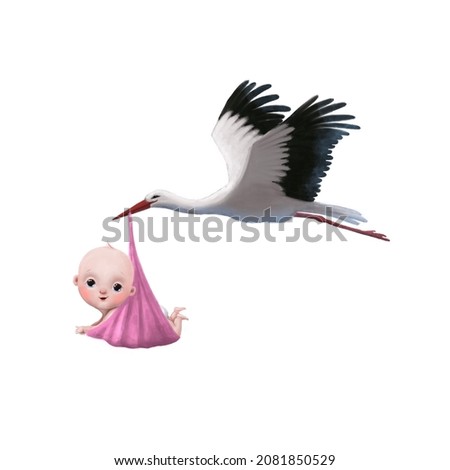 flying stork with newborn girl, watercolor style illustration, children's clipart good for card and print design