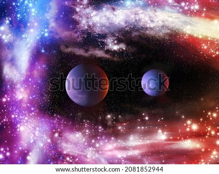 Beautiful space with exoplanets, nebulae and star clusters. Alien planetary system. Interstellar nebula and planets in bright colors.