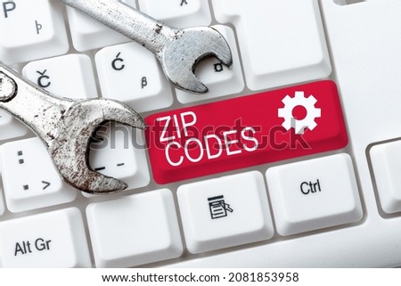 Text caption presenting Zip Codes. Business idea numbers added to a postal address to assist the sorting of mail Creating New Account Password, Abstract Online Writing Courses