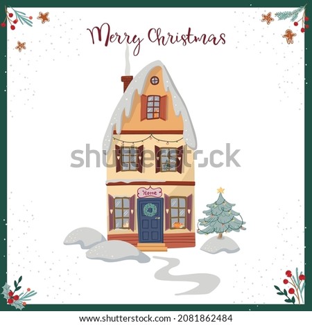 Christmas card with winter house with fir tree and lights.