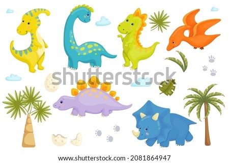 Cute dinosaurs and plants clipart. Cartoon vector graphics.