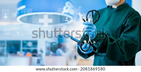 Doctors holding stethoscope with digital tablet and medical interface icons, Technology healthcare And Medicine concept. 