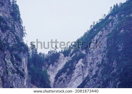 Misty alpine mountain view panorama in Slovenia, summer time for hiking on rocks