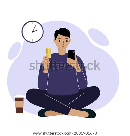 Online payment concept. The man sits cross-legged and holds a phone in one hand and a mobile in the other. Vector flat illustration