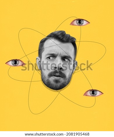 Modern dsign. Contemporary art collage of male head isolated over yellow background with eyes. Diversity of thoughts, opinion. Concept of creativity, inspiration, surrealism. Copy space for ad