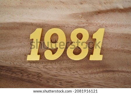 Golden Arabic numerals 1981 on a dark brown to white wood grain background.