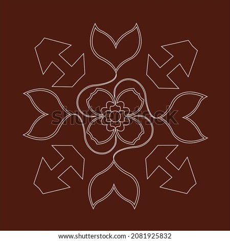 Indian Traditional rangoli design with white color circular lines with Indian motifs on brown color background.