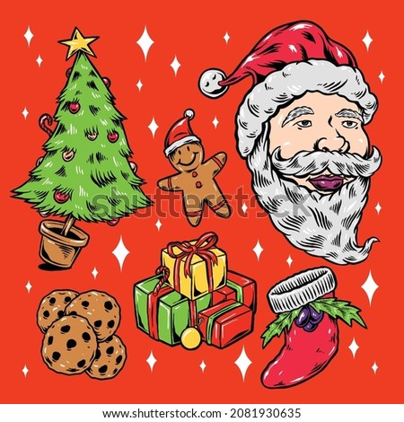 A group of christmas assets in vector with big Santa Claus head, christmas tree, gingerbread, presents, christmas socks and chocolate cookies