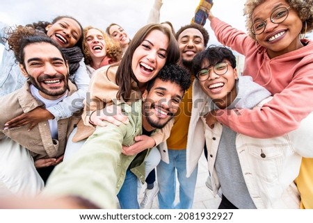 Multiracial friends group taking selfie portrait outside - Happy multi cultural people smiling at camera - Human resources, college students, friendship and community concept