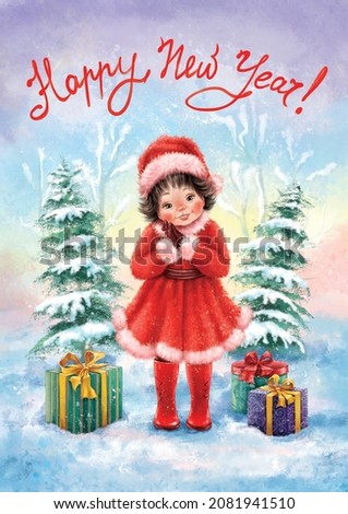 Little Santa Claus girl with the inscription "Happy New Year!" against the background of snow-covered fir trees. Illustration of baby wearing a red santa claus dress. Ideal for printing and postcards.