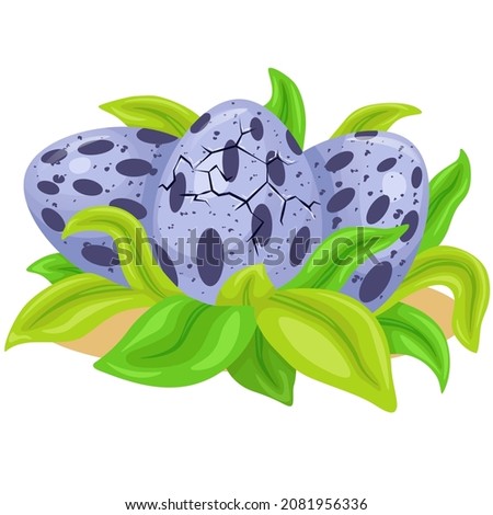 Three purple dinosaur eggs lie in the grass. Cracks in one egg. Flat image illustrations isolated on white background.