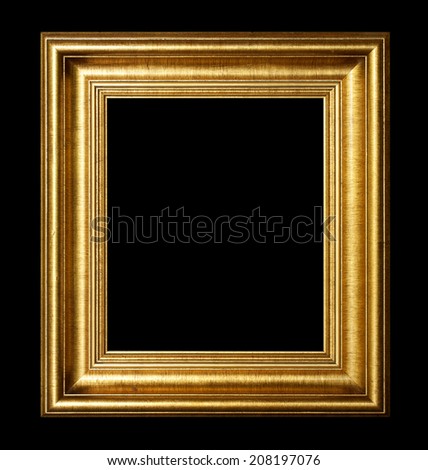 Golden wood picture frame isolated black background.