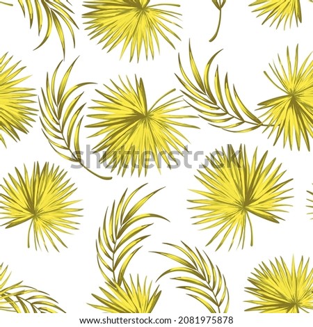 Tropical illustration with palm leaves. Jungle wallpaper with exotic plants. Summer tropical leaf background. Summer foliage print. Pattern design.