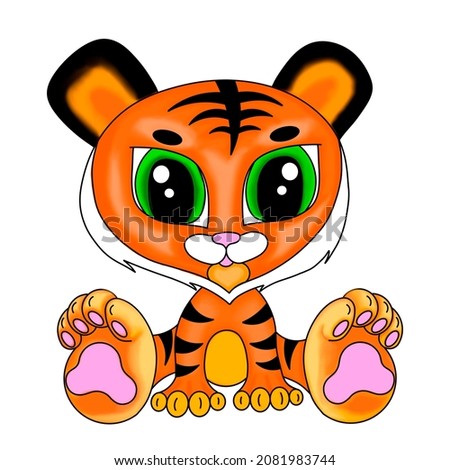 Cute baby tiger symbol 2022, 2034 new year, picture in hand drawing cartoon style, for t-shirt wear fashion print design, greeting card, postcard. baby shower. party invitation