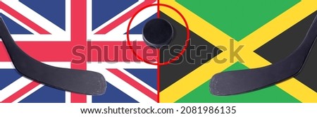 Top view hockey puck with United Kingdom vs. Jamaica command with the sticks on the flag. Concept hockey competitions