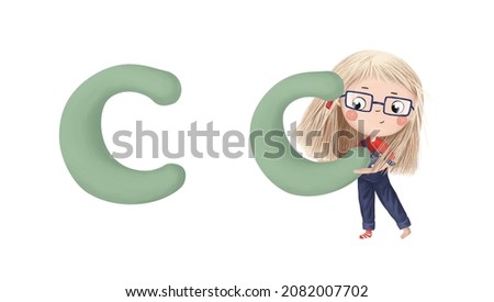 Cute little girl with letter "C" on white background. Learn alphabet clip art collection on white background