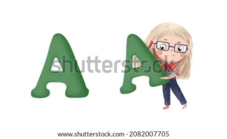 Cute little girl with letter "A" on white background. Learn alphabet clip art collection on white background