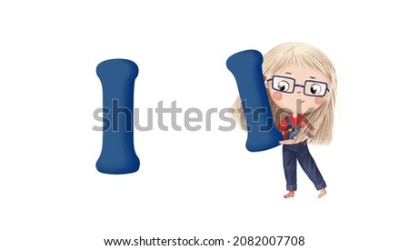 Cute little girl with letter "I" on white background. Learn alphabet clip art collection on white background