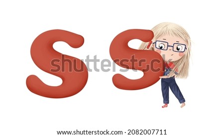 Cute little girl with letter "S" on white background. Learn alphabet clip art collection on white background