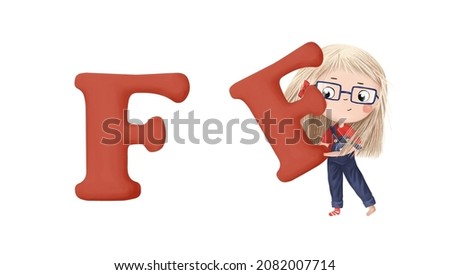 Cute little girl with letter "F" on white background. Learn alphabet clip art collection on white background