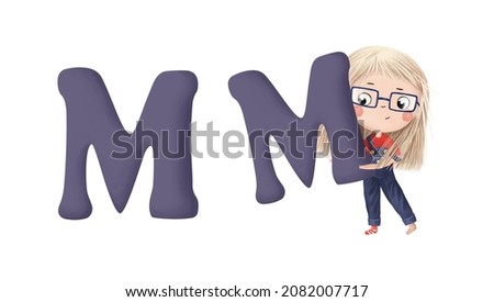 Cute little girl with letter "M" on white background. Learn alphabet clip art collection on white background