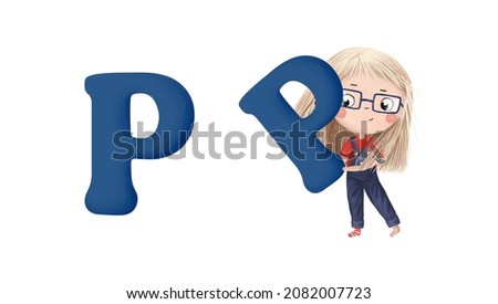 Cute little girl with letter "P" on white background. Learn alphabet clip art collection on white background