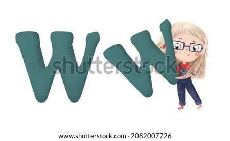 Cute little girl with letter "W" on white background. Learn alphabet clip art collection on white background