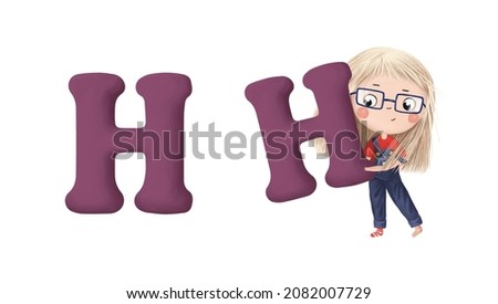 Cute little girl with letter "H" on white background. Learn alphabet clip art collection on white background