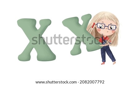 Cute little girl with letter "X" on white background. Learn alphabet clip art collection on white background