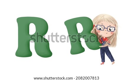 Cute little girl with letter "R" on white background. Learn alphabet clip art collection on white background