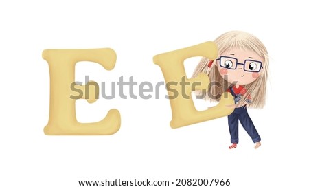 Cute little girl with letter "E" on white background. Learn alphabet clip art collection on white background