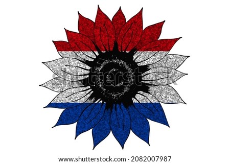 Big drawn glitter sunflower in colors of national flag. Netherlands