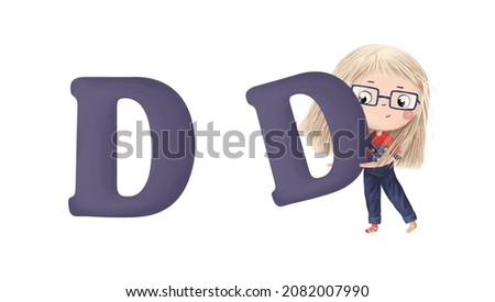 Cute little girl with letter "D" on white background. Learn alphabet clip art collection on white background