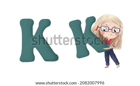 Cute little girl with letter "K" on white background. Learn alphabet clip art collection on white background