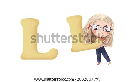 Cute little girl with letter "L" on white background. Learn alphabet clip art collection on white background