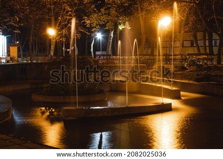 Water thermal fountain  with high exposure time in night. Water flow  and healing water in Niska Banja. Long exposure picture of flowing water