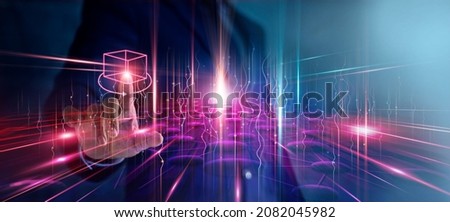 Businessman touching metaverse technology on global network connecting and generated environment between user interface and augmented reality and virtual reality on social media platform. Royalty-Free Stock Photo #2082045982