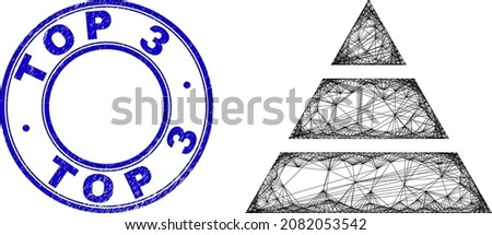 Network irregular mesh pyramide icon, and Top 3 rubber round seal imitation. Abstract lines form pyramide object. Blue stamp seal includes Top 3 tag inside round form.