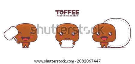 vector toffee cartoon mascot, with blank board banner, isolated on a white background.