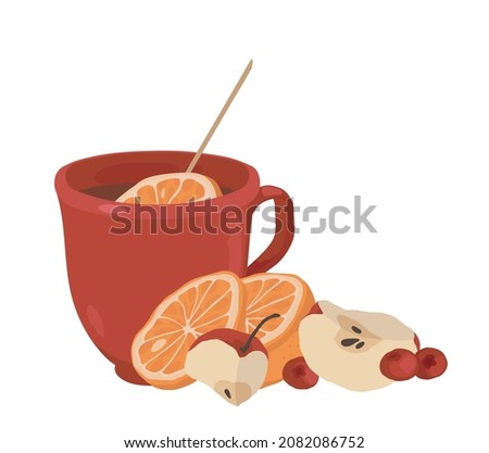 Ceramic red mug with hot tea. Fruit tea with spices for immunity. Orange, apple, red berries, cranberries. Vector isolated colorful element.
