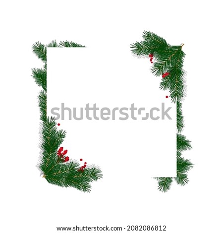 Festive winter decor of spruce branches and red rowan berries. Square white blank background. Vector illustration, bright realistic design, isolated on white background, eps 10.