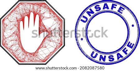 Hatched irregular mesh stop octagon hand icon, and Unsafe dirty round seal imitation. Abstract lines form stop octagon hand object. Blue stamp seal contains Unsafe title inside round form.
